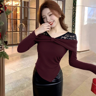 2026秋冬季新款蕾丝拼接V领长袖+半裙套装两件套D4605