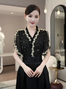 【有里布】2026夏季新款金箔高闪气质黑色洋气百搭上衣D1547