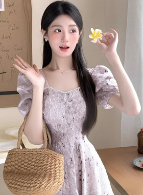 【有里布】粉色碎花显瘦气质时尚复古初恋法式方领连衣裙D1625C