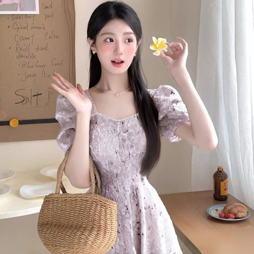 【有里布】粉色碎花显瘦气质时尚复古初恋法式方领连衣裙D1625C