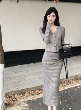 气质显瘦两件套2025秋季新款外套鱼尾连衣裙套装两件套D3886A