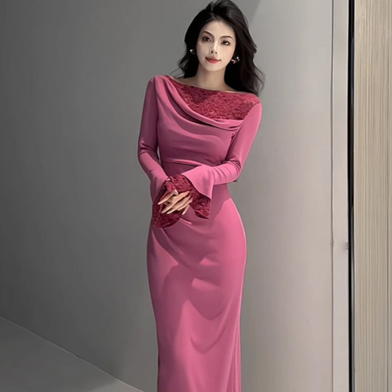 法式时尚长袖连衣裙高级感2025新款气质显瘦减龄过膝长裙子2385