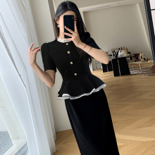 夏季黑色连衣裙女2025新款修身显瘦气质高级感假两件法式长裙6950