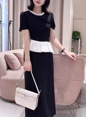 设计拼接花边褶皱不规则两件套2025夏季女时尚减龄收腰套装D2076