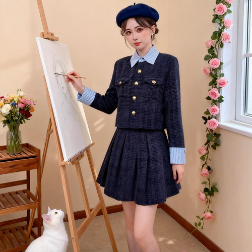 有里布上衣+半身裙套装2025冬季新款小个子女主穿搭两件套D3254