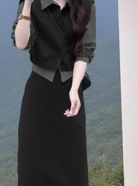 气质显瘦高级条纹半身裙女2025秋季新款两件套女装时尚套装2330