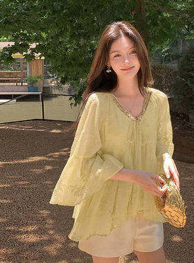 两件套2026夏季新款女浪漫繁花仙氛围感灯笼袖衬衫短裤套装D6998
