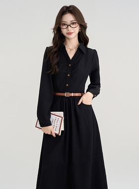 赫本风小黑裙法式衬衫裙收腰连衣裙女新款教资面试服装D0340