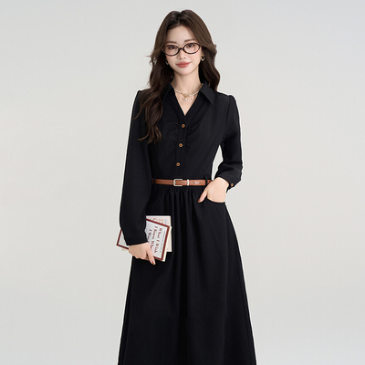 赫本风小黑裙法式衬衫裙收腰连衣裙女新款教资面试服装D0340