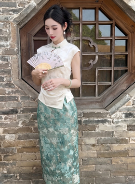 两件套2026夏季新款女新中式国风气质修身显瘦印花裙套装 D7828