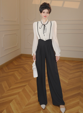 2025新款秋季法式气质白色长袖衬衫宽松背带裤两件套套装QJ0014
