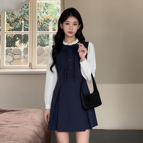 有里布2026秋冬韩系小香风假两件连衣裙女学院风绝美短裙TX0379