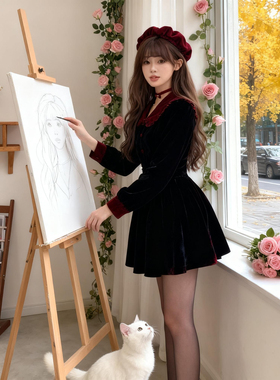 2025秋冬新款法式复古黑色丝绒连衣裙女气质拼接女装小黑裙HY0176