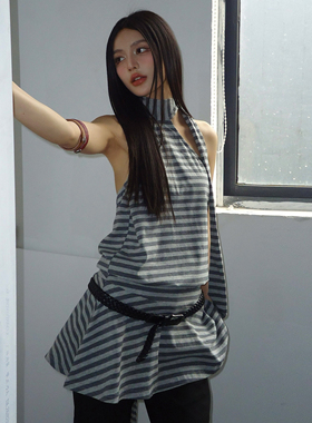 LINY LIBERTY 24SS 复古条纹宽松收腰挂脖无袖性感露背连衣裙