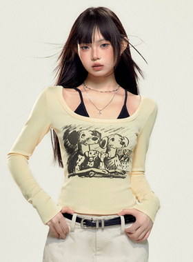 LINY LIBERTY 23SS 复古假两件修身显瘦针织打底衫印花女长袖上衣