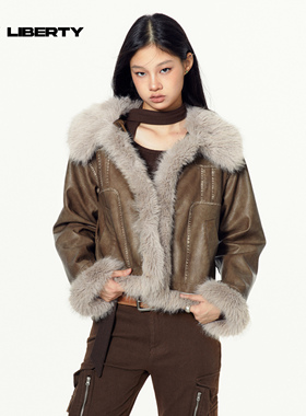 LINY LIBERTY 23SS 美式复古咖色短款翻领皮衣外套女pu皮夹克上衣