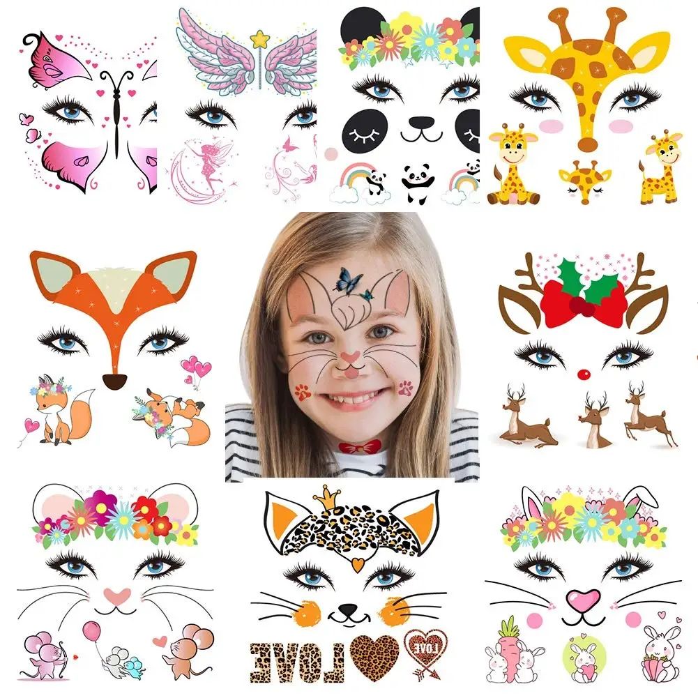10pcs Animal Temporary Face Tattoo Sticker Set For Kids Wate