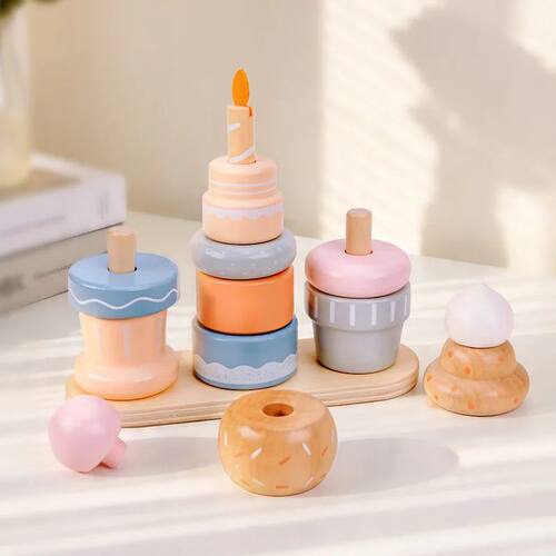 Wooden Ice Cream&Cake Stacking Toy,Pretend Play Dessert Set,