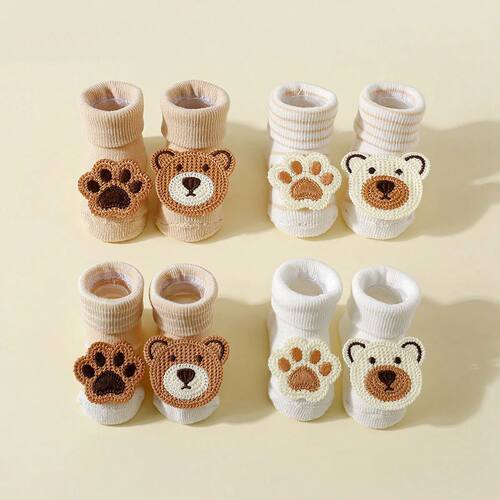 4 Pairs Baby Cute Cartoon Bear Socks, Baby Non-Slip Soft Cot