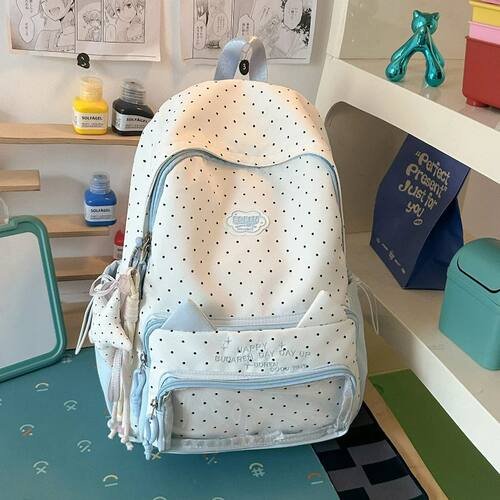 Cute Polka Dot Backpack Cat Ear Preppy Style Nylon Lightweig