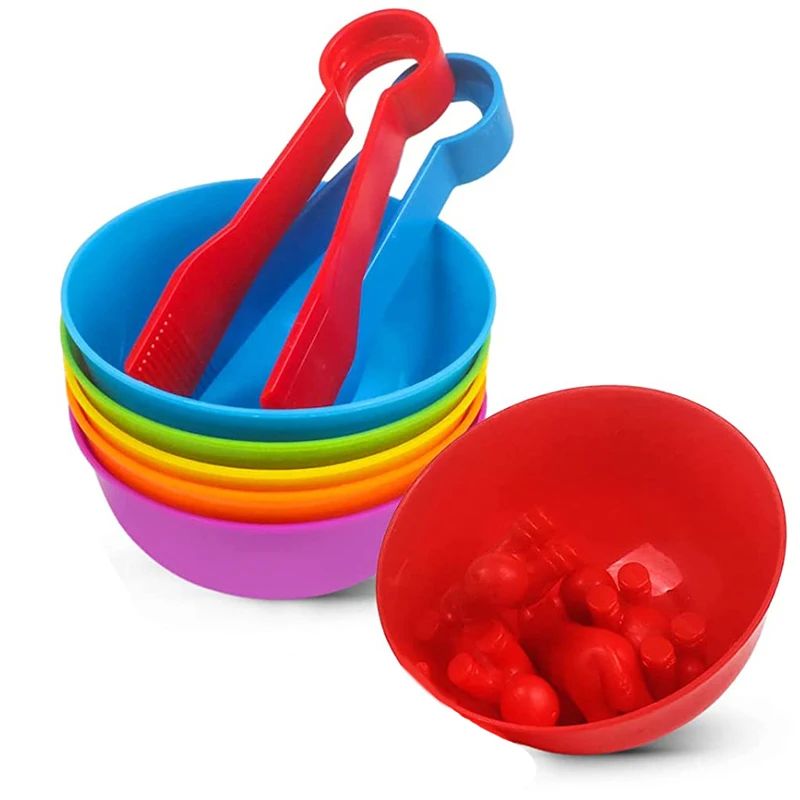 6 Plastic Bowls with 2 Tweezers Rainbow Color Sorting Montes