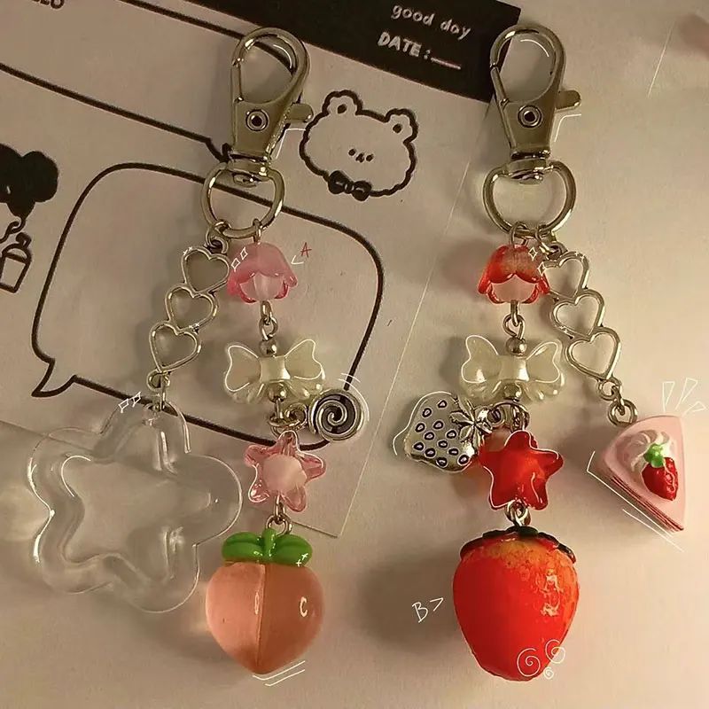 Strawberry and peach matching keychain handmade jewelry