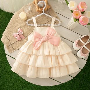 Baby Girl Dress Summer Bow Solid Color Halter Multi Layered