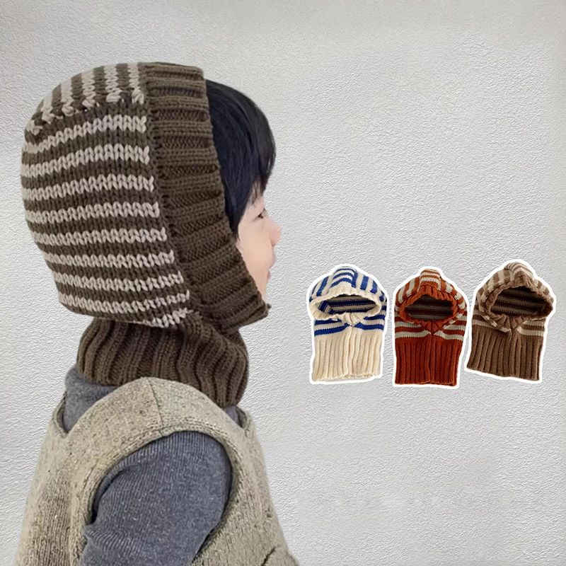 Winter Kids Scarf One-Piece HatStriped Knit Ear Protection H