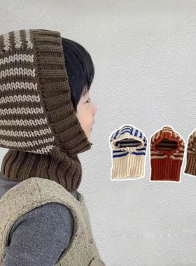 Winter Kids Scarf One-Piece HatStriped Knit Ear Protection H