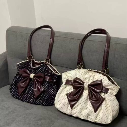 Retro Polka Dot Shoulder Bag,oversize Bow Decor Soft Fabric