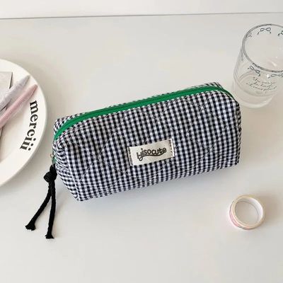 Color blocking checkered pencil case, girls' stationery stor