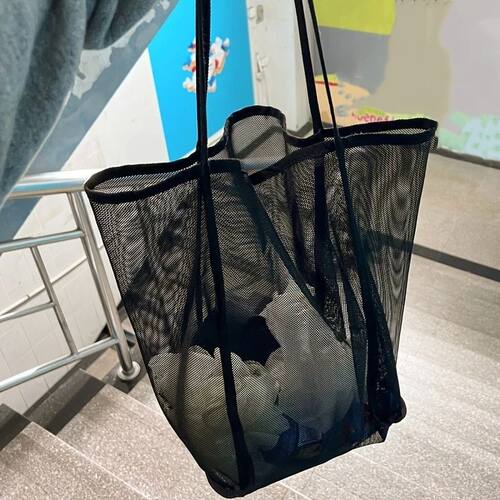 1 Large Capacity Solid Color Mesh Shoulder Bag - Beach Stora