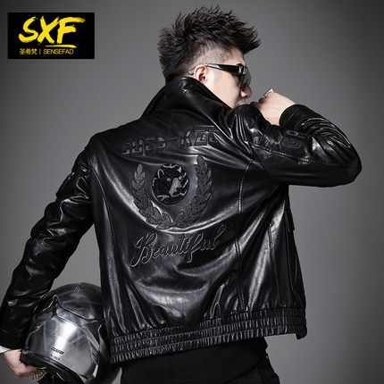 SXF圣希梵真皮皮衣男 翻领机车服刺绣工装夹棉外套潮牌男士皮夹克