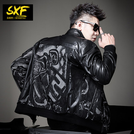 SXF圣希梵皮衣男真皮 拼接牛仔机车翻领外套新款夹棉潮男士皮夹克