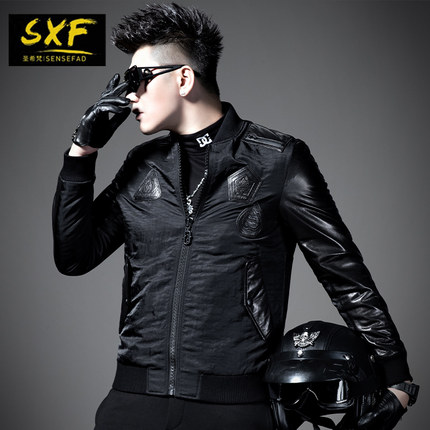 SXF圣希梵男士皮衣外套 2023新款拼接真皮棒球机车加厚皮夹克男潮