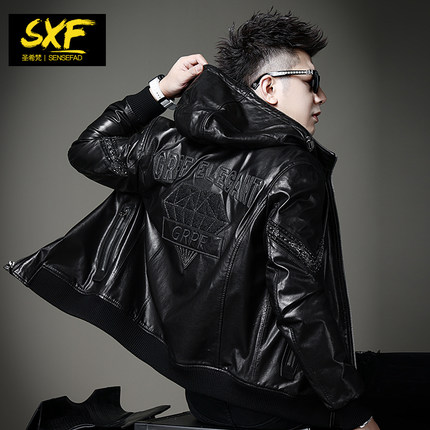 SXF圣希梵男士皮衣外套 真皮连帽机车服夹棉刺绣山羊皮夹克男潮牌
