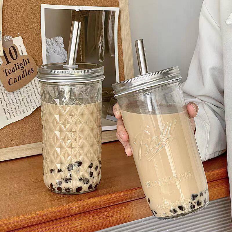 2025高颜值梅森杯透明奶茶玻璃水杯果汁饮料杯大容量吸管杯奶昔杯