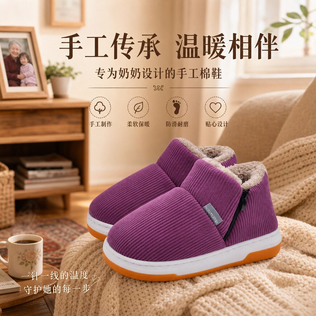 老人防滑防摔棉鞋女款老年人专用冬季加绒加厚保暖全包跟棉拖鞋男