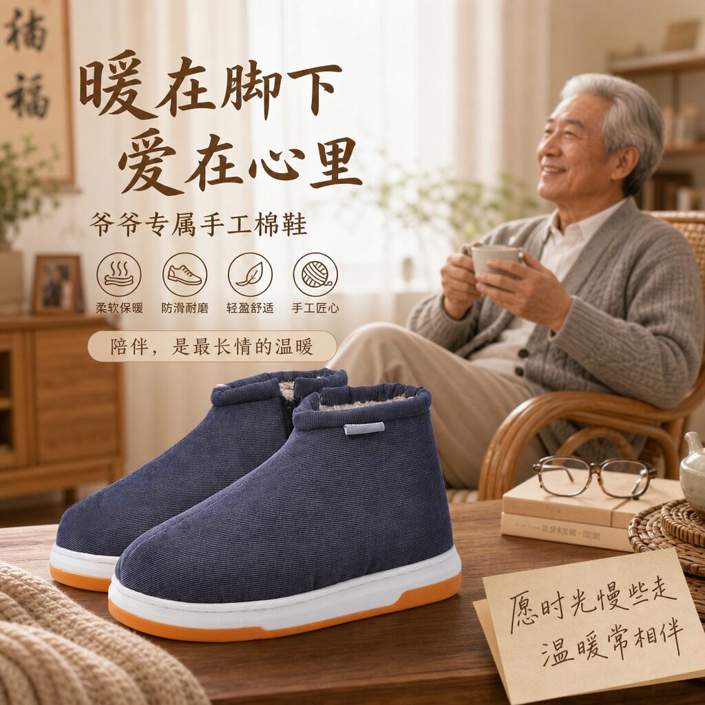 手工棉鞋男款中老年人2026新款居家防滑牛筋底加绒加厚老人保暖鞋
