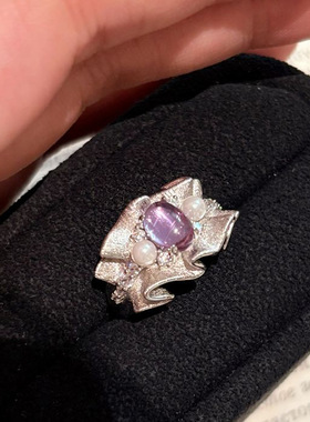 珍珠紫裙戒指鸽子蛋银色指环女