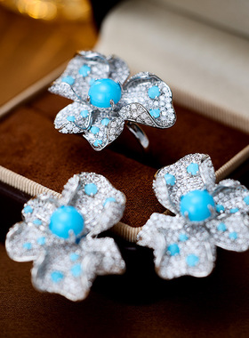 轻奢高级感重工蓝松石花朵戒指女