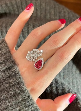锆石鸽血红食指环珠光宝气戒指女