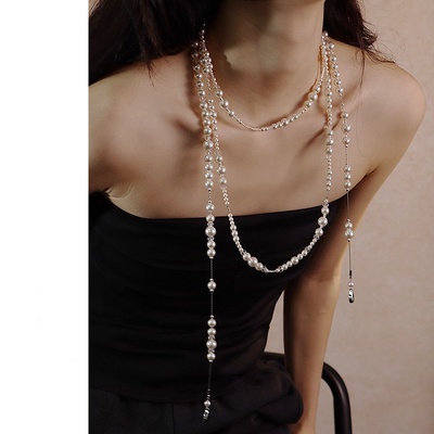 破碎感层次珍珠毛衣链不对称项链
