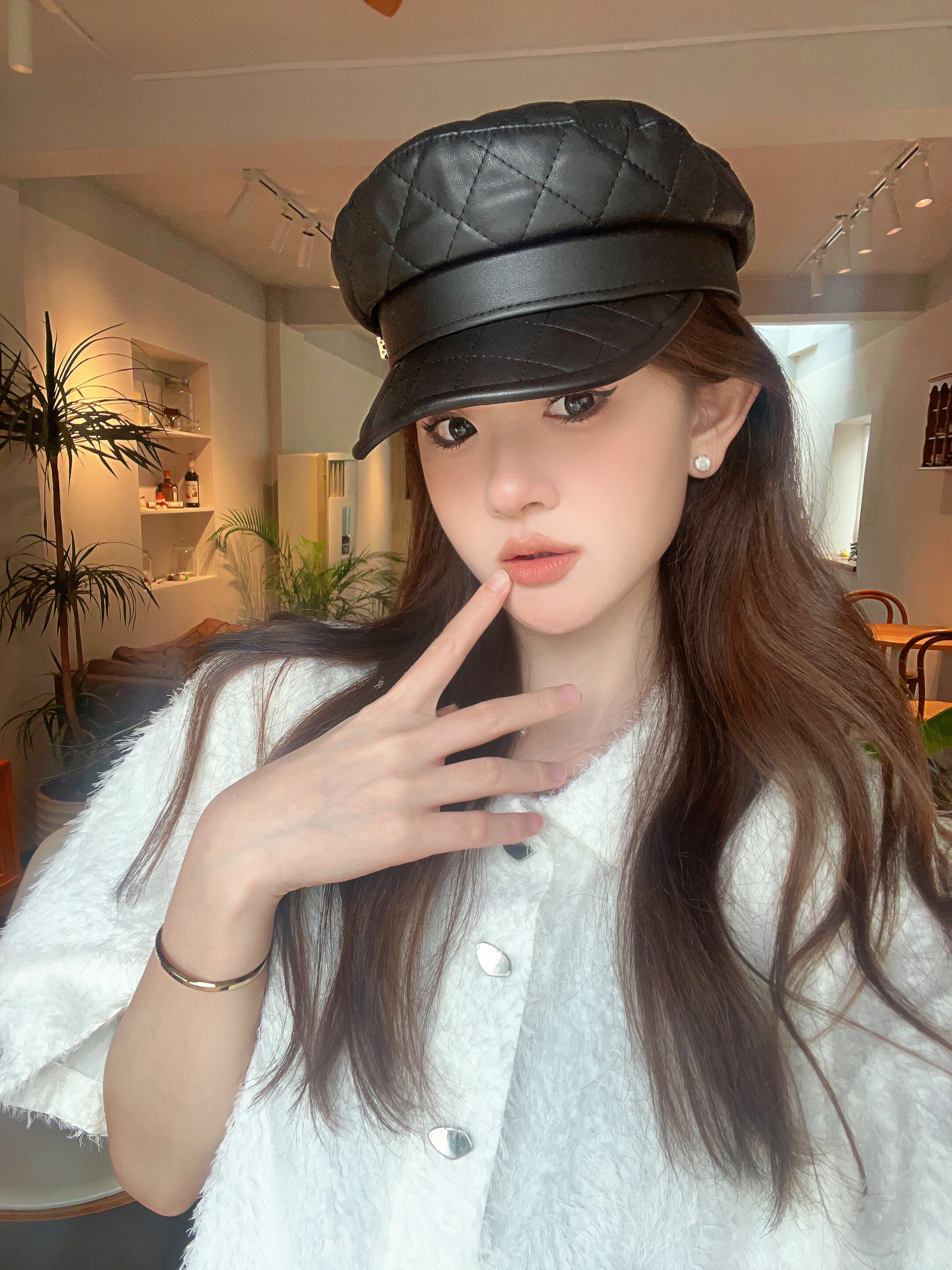 【陈大刘芒】日系菱格仿pu平顶海军帽女百搭短檐报童帽链条鸭舌帽