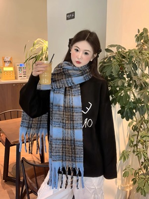 CDLM陈大刘芒 章若楠同款！蓝色大围巾格子保暖百搭披肩毛绒围脖