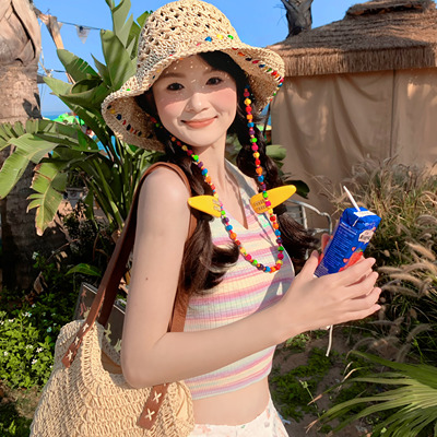 CDLM陈大刘芒 彩色糖豆草帽子女新款夏季海边百搭度假防晒遮阳帽