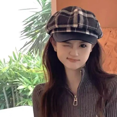 CDLM陈大刘芒 方圆脸可冲！百搭基础八角帽子女秋冬千鸟格贝雷帽