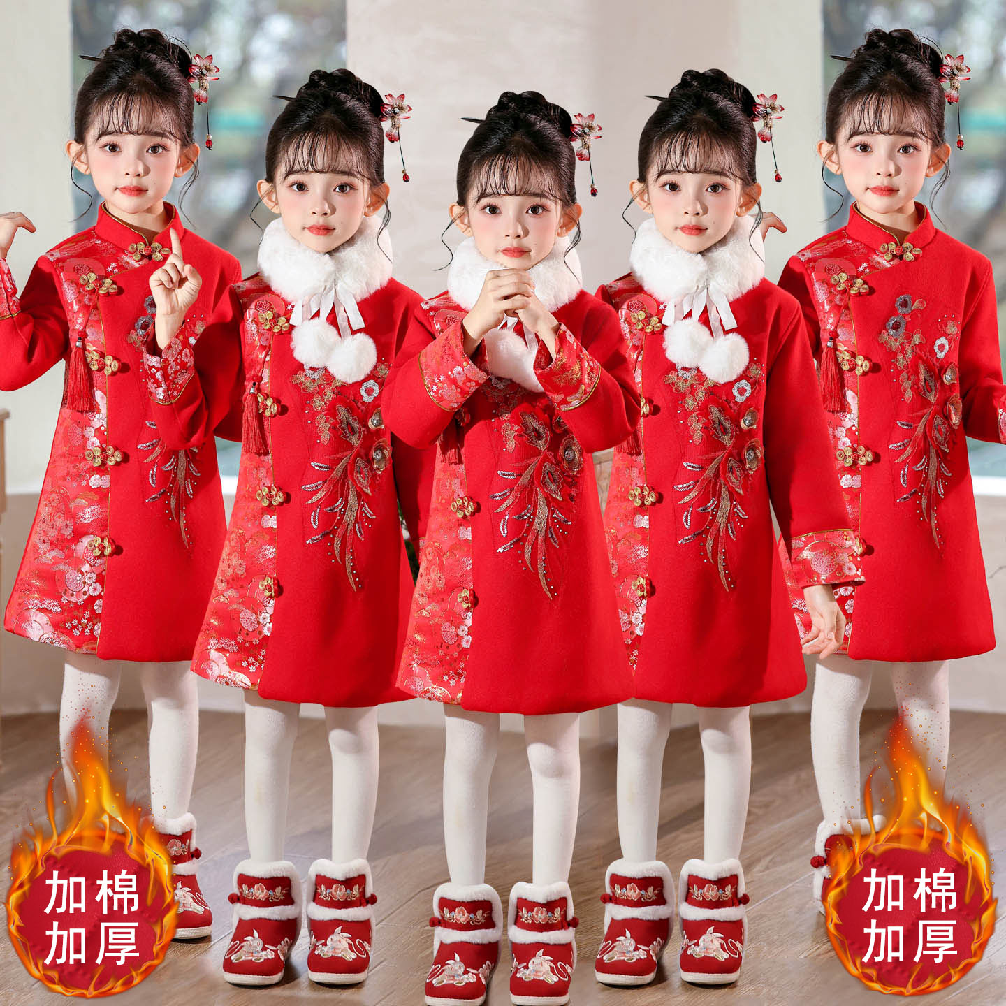 元旦新款女童汉服旗袍加绒拜年服