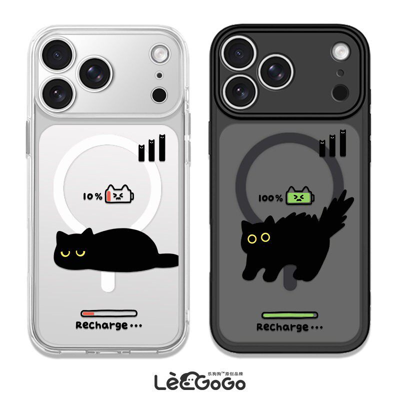 简约可爱充电黑猫适用於iPhone17promax苹果16Promax全包精孔手机保护壳小米15磁吸14情侣13新款17Pro黑色透