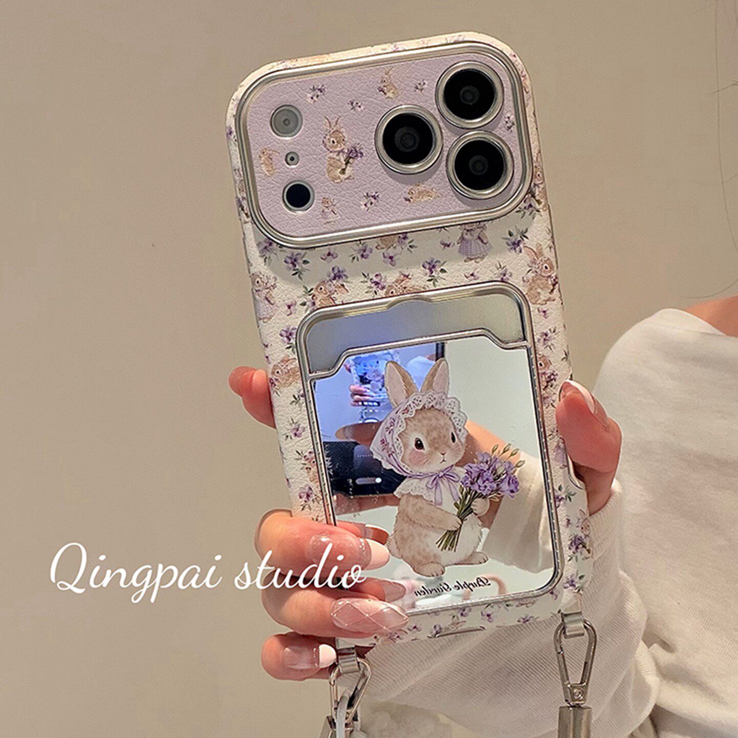 轻派ins紫色碎花兔子镜面卡包挂绳适用苹果17promax手机壳iphone16pro新款15女款14韩系少女13大视窗全包硬壳